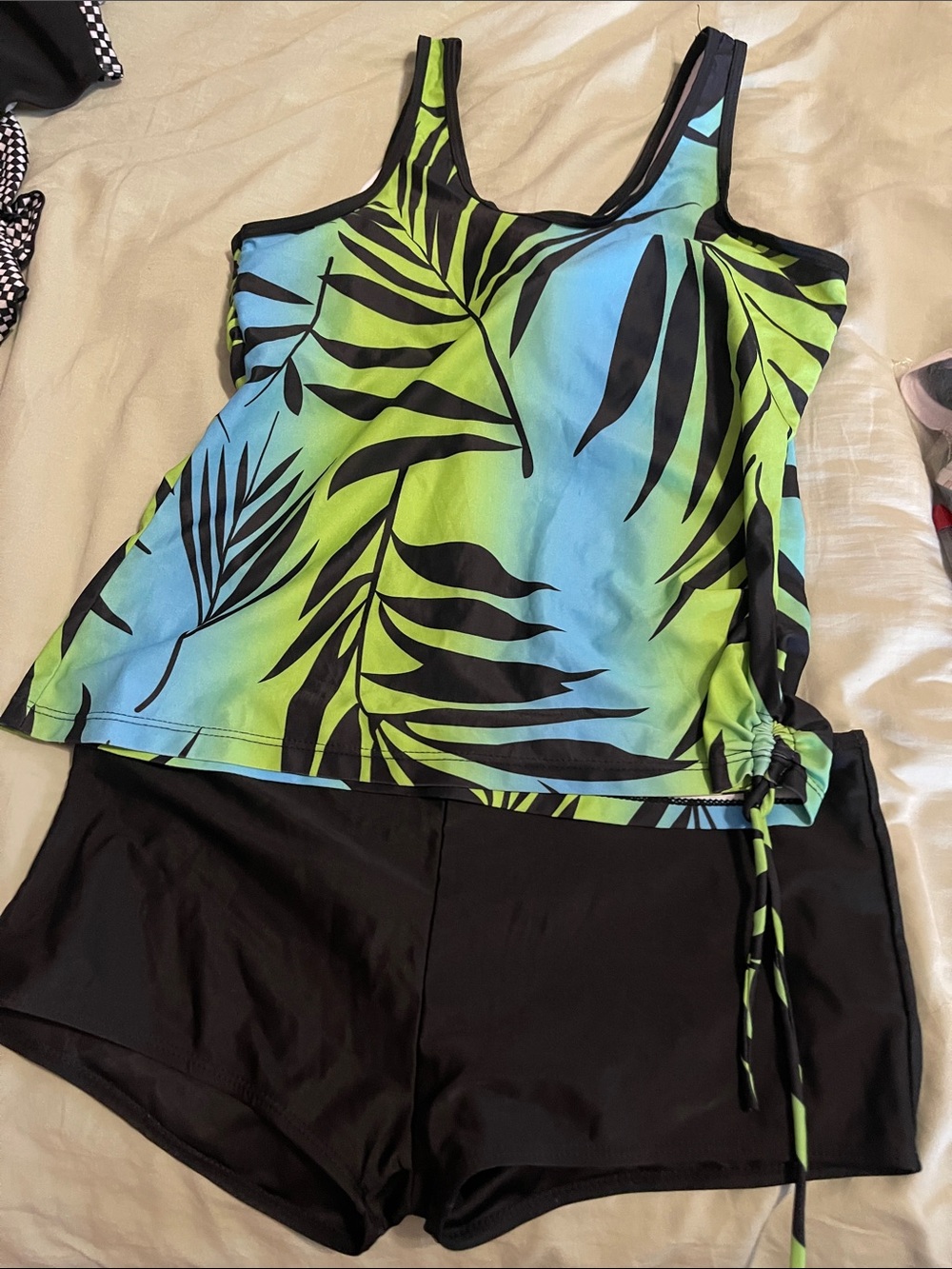 Two-Piece Swim Tankini with Black Swim Shorts - Blue & Lime Leaf Print